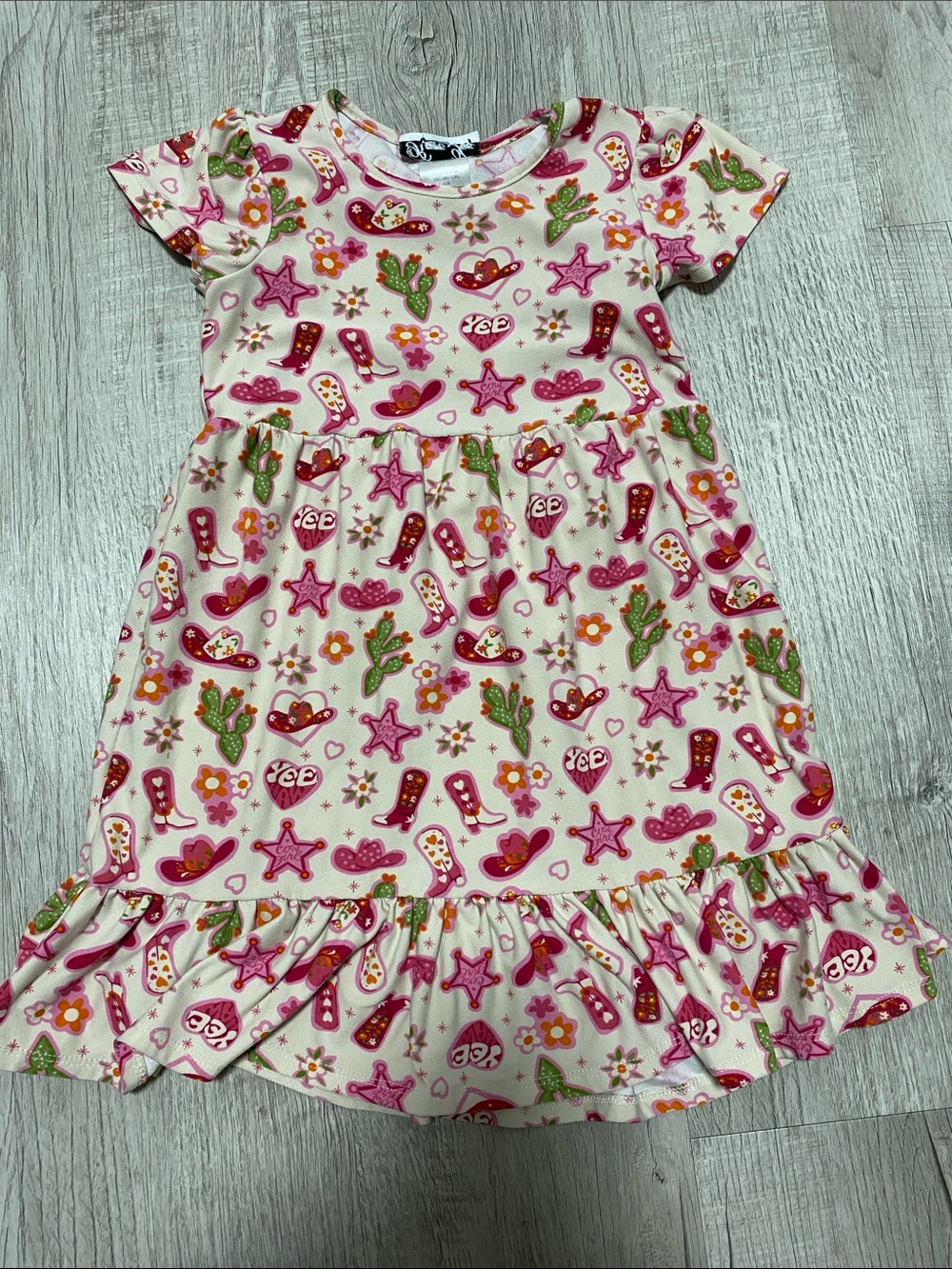 Girls Cream & Pink Western Print Ruffle Dress